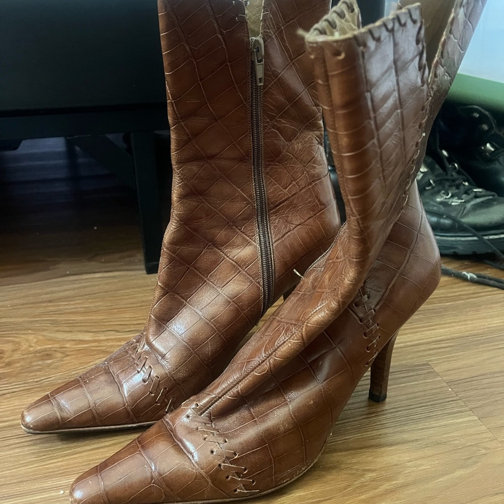 Brown Croc-Embossed Leather Boots